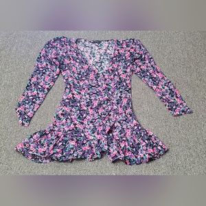 Zara Women Dress Pink Purple Size S Floral Print Long Sleeve Tie Fit Flare